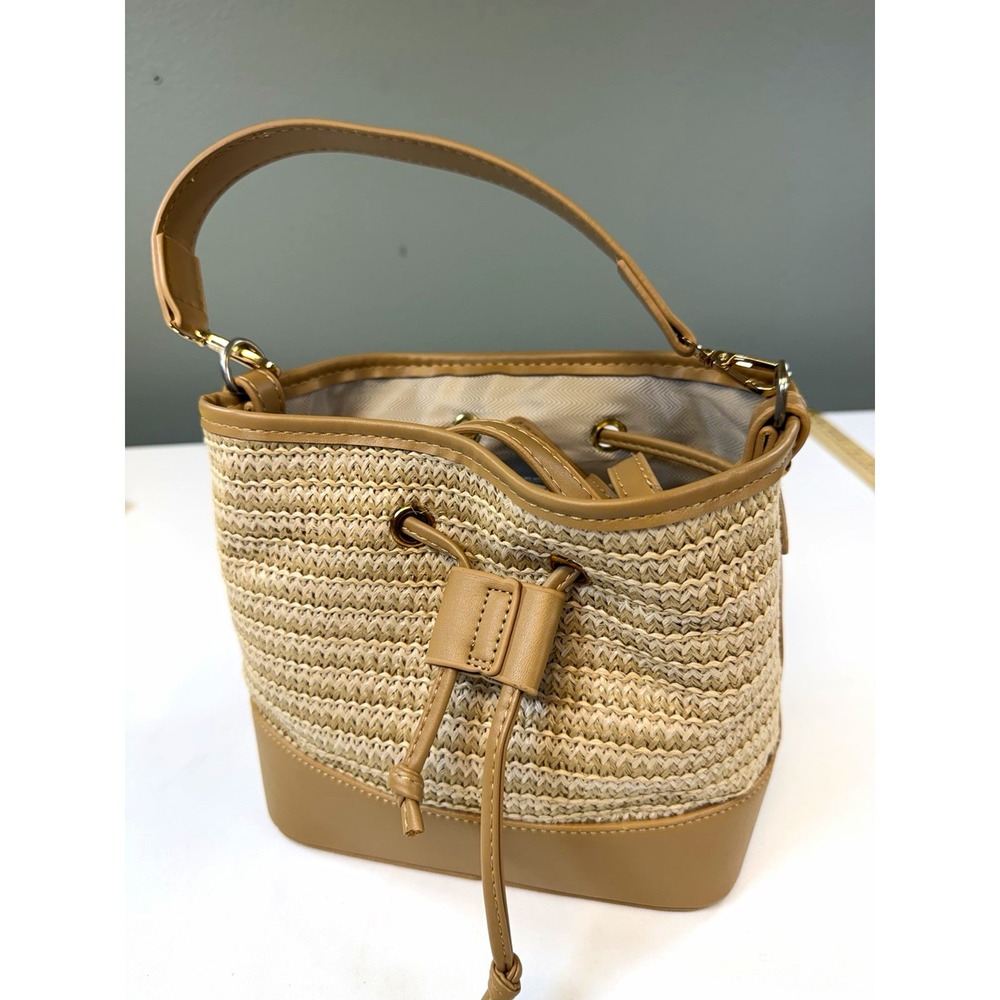 NEW Straw Bucket Bag Woven Drawstring Crossbody Handbag Summer Beach Tan Medium